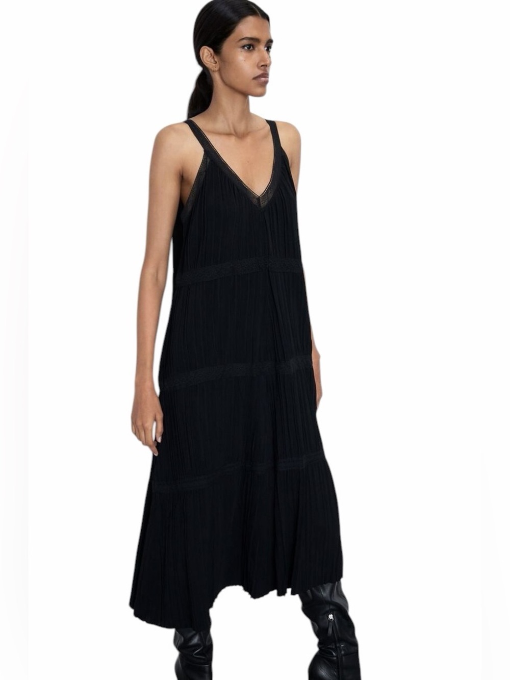 Zara Black Knit Midi Dress with Lace Details Womens S